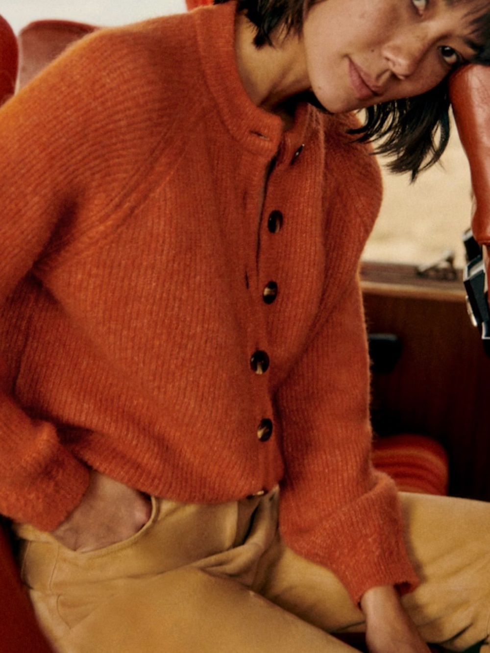 Othello Sezane Rust Orange Ribbed Button Cardigan